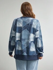 Comfylo Plus Size Casual Denim Effect Print Side Slit Sweatshirt, Fall Winter Autumn Long Sleeve Tops Going Out Tops For Women - Blue - View 3