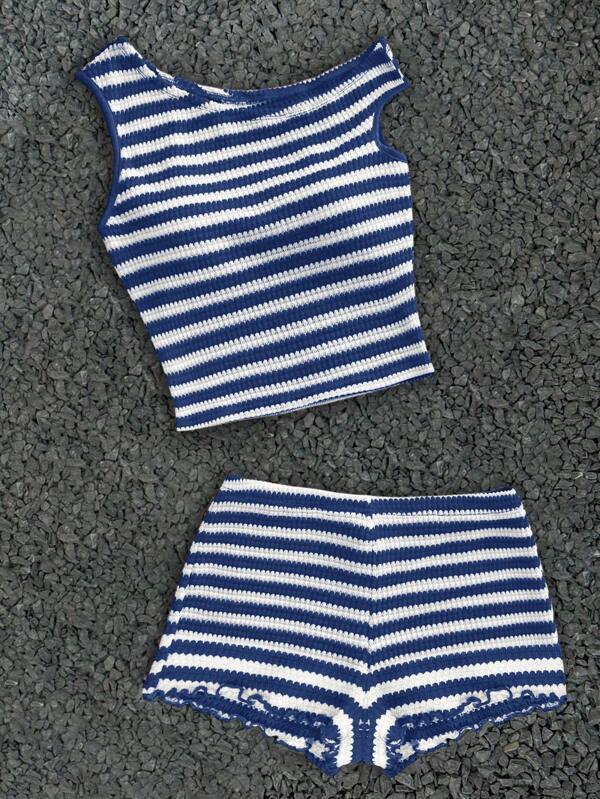 Coolane Conjunto de 2 piezas para niñas preadolescentes Soleia con top ajustado de hombro asimétrico de punto a rayas y shorts skinny de cintura ultra baja, adecuado para fiesta, Navidad, San Valentín, cita, playa, crucero, carnaval, Pascua