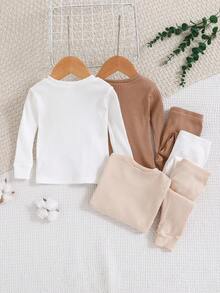 SHEIN 6pcs/Set Baby Boy Snug Fit Casual Ribbed Knit Long Sleeve Top And Pants Comfortable Sleepwear Set, Multiple Colors Fall Winter - Multicolor - View 2