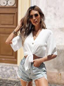 Brillora Camicia Estiva Con Nodo Anteriore E Colore Solido, Corta - Bianco - Visualizzare 3