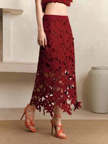 Arave 女士水溶性花边镂空定位设计优雅约会长裙度假 - 紅色 - 查看 1