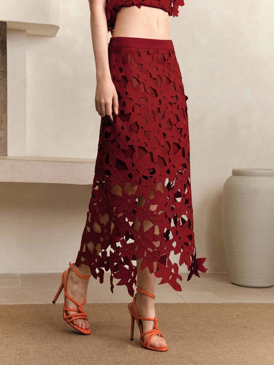Arave 女士水溶性花边镂空定位设计优雅约会长裙度假 - 紅色 - 查看 1