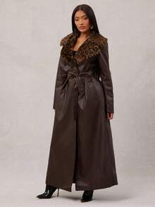 Radiana 冬季深咖啡色复古仿皮草豹纹领长款 PU 皮夹克，优雅束腰 PU 风衣外套 - 咖啡棕 - 查看 5