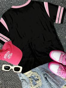 SHEIN Girlism 少女 2 色复古街头运动学院风数字 28 和字母图案宽松 V 领短袖 T 恤，少女夏季，轻松舒适，适合儿童秋季分层穿着，时尚儿童，休闲装，儿童图案，返校，秋季，返校节 - 彩色 - 查看 3