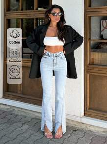 EURMUSE FLARE MID WAIST SLASH CUFF JEANS - Medium Wash - View 1