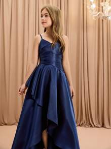 Váy dạ hội dài xếp nếp bất đối xứng phía trước ngắn phía sau cao cấp cho bé gái tuổi vị thành niên, thích hợp cho đám cưới, Giáng sinh, Halloween, tốt nghiệp, vũ hội, tiệc sinh nhật, trở lại trường - Màu xanh lam - Xem 5