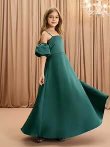 花童和大女孩高端缎面细肩带灯笼袖 A 字长裙，适合婚礼、圣诞节、万圣节、表演、舞会、生日派对、返校、毕业典礼 - 綠色 - 查看 7