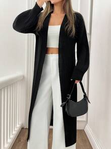SHEIN Tall Tall Women Casual Solid Black Rib Knit Long Cardigan,Cardigans,Petite