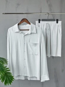 Manfinity Dauomo Men's Casual Striped Long Sleeve Pocket Shirt And Shorts Set - Apricot - View 5