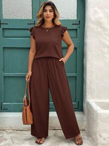 SHEIN Clasi 2pcs Women Plus Size Khaki Bubble Ruched Bell Sleeve Shirt & Wide Leg Elastic Waist Pants Set, Elegant Outfit For Spring/Summer Sets 2 Pieces Sets Ladies Sets For Women Matching Sets Women Two Pieces Set Women Two Pieces Outfit Women Sets For Women Casual,Business Casual Woman