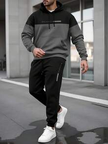 Manfinity Dauomo Men's Letter Print Long Sleeve Hoodie And Drawstring Waist Sweatpants Casual Suit , Fall Clothes - Multicolor - View 1