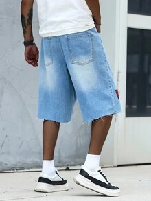 Manfinity EMRG Men's Denim Shorts With Wide Legs And Fun Dopamine Logo, Suitable For Parties And Music Festivals - Light Wash - View 2