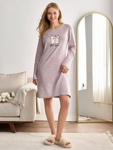 EURMUSE 女士棉质撞色条纹罗纹针织礼物刺绣长袖家居睡衣裙 - 彩色 - 查看 3