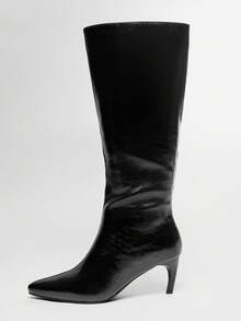 SHUZIA Y2K Women's Perfectly Pointed Toe, Vintage-Inspired Seaming & Side Zipper Premium Oil-Finished PU Black Kitten Heel Tall Boots–Elegant, Chic & Easy To Wear For Christmas - Black - View 4