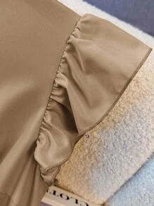 Franclia Khaki,Summer,Elegant,Tea Party Women's French Style Round Neck Flutter Sleeve Elastic Waist Faux Pearl Button Mid-Length Dress For Vacation&Commute - Khaki - View 4