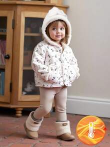 SHEIN 女婴休闲可爱花卉印花保暖内衬连帽夹克，冬季 - 彩色 - 查看 4