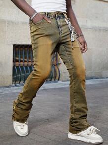 ROMWE MEN Street Life Men's Layered Flare Washed Slim Fit Jeans - Dark Wash - View 6