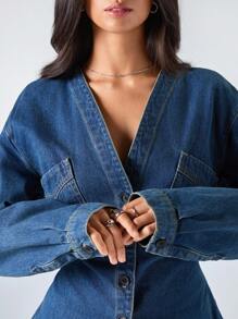 Muchica Áo sơ mi denim dáng rộng, cài cúc phía trước, kiểu dáng thường ngày, đã qua xử lý. - Màu xanh lam - Xem 3