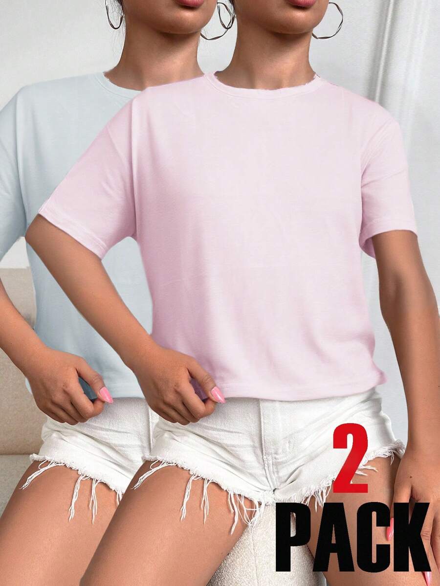 Cottnline 100% 纯棉 2 件套休闲宽松圆领短袖 T 恤，纯白色和米色，适合女士，完美的夏季百搭上衣 - 彩色 - 查看 1