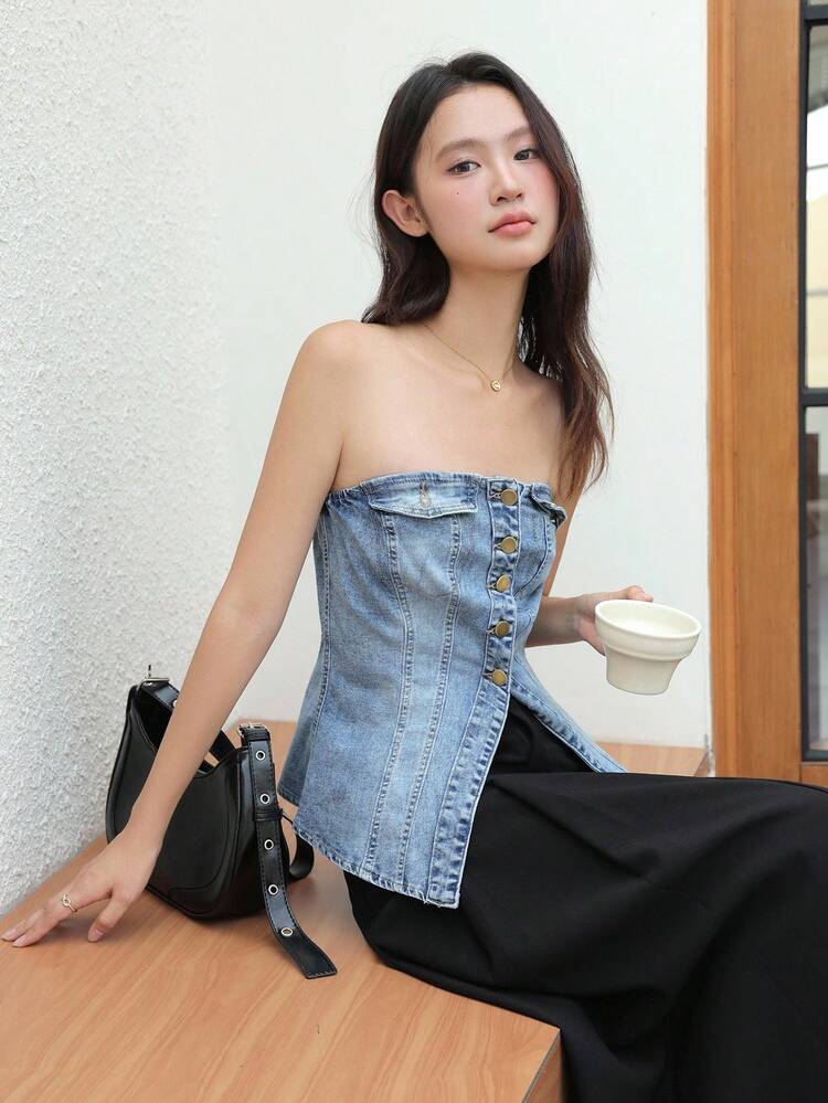 SHEIN EZwear Quần Jeans Mùa Hè Áo Sơ Mi Hở Lưng Màu Xanh, Quần Áo Y2k, Quần Áo Cổ Điển Cho Phụ Nữ - Màu xanh nhạt - Xem 5