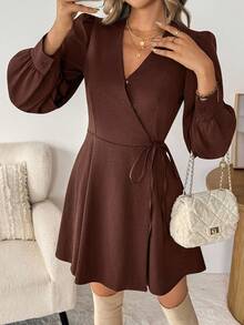 SHEIN LUNE 女士休闲通勤连衣裙 棕色V领长袖裹身短裙 - 棕色 - 查看 6