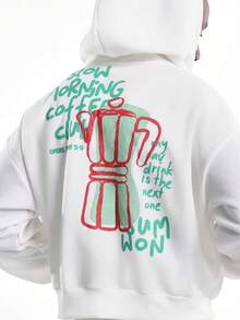 SUMWON Slow Morning Coffee Club Graphic Print Hoodie With Centre Pocket Large Back Design Casual Streetwear Long Sleeve Unisex Daily Wear Pullover - White - View 1