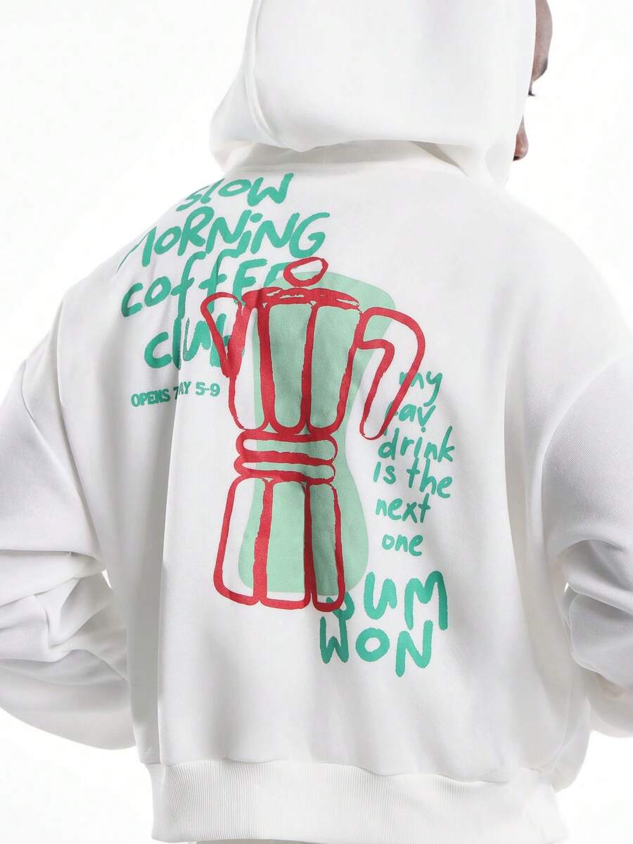 SUMWON Slow Morning Coffee Club Graphic Print Hoodie With Centre Pocket Large Back Design Casual Streetwear Long Sleeve Unisex Daily Wear Pullover - White - View 1