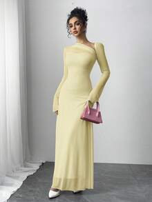 Siren Gaze 秋季女式不对称领口修身长袖A字下摆长裙 - 淡黃色 - 查看 3
