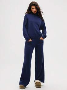 Aloruh 2pcs Women Casual Solid Color Turtleneck Sweater Set In Fall/Winter - Navy Blue - View 5