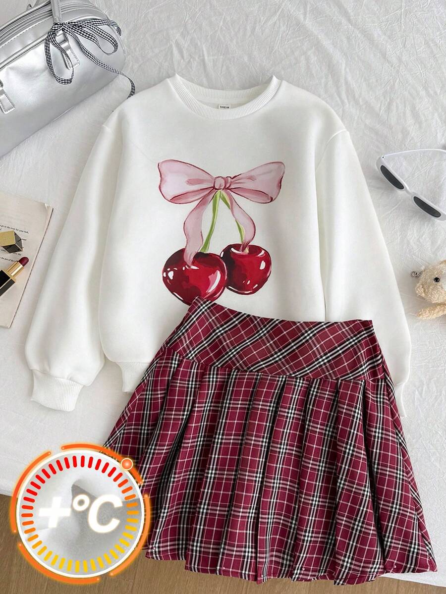 Tween Girls Hoodie & Sweatshirt Co-Ords, Cherry Bow Cute Pattern Sweatshirt, Plaid Red Pleated Mini Skirt Cherry Print Sweatshirt Plaid Skirt 2 Piece Skirt Set Teen Girl Clothes Back To School Outfit Two Piece Kids Set Skirt Plaid Teen School Clothes 2 Piece Set Cherry Girls Clothes Young Girl Summer Plaid Skirts Bow Knot Set Back To School 2 Piece Set/Activities/Autumn/Winter/Halloween,Glowmode,Fall,Christmas/Holiday/Festival/Winter - Red and White - View 1