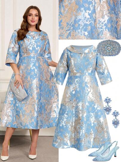 Ellevyn Plus Size Women's Elegant Jacquard Long Sleeve Midi Dress, Suitable For Parties And Outings, Autumn/Winter Fall Clothes For Women Winter Clothes For Women Fall Dresses For Women Halloween Costumes Halloween Clothes Halloween Clothes Women Halloween Costumes Women Date Night Outfits Women Night Out Outfit Date Night Outfit Plus Size Women Clothes Festival Outfits For Women Dresses For Women Dresses For Women Elegant Elegant D, Wedding Guest Dress Women