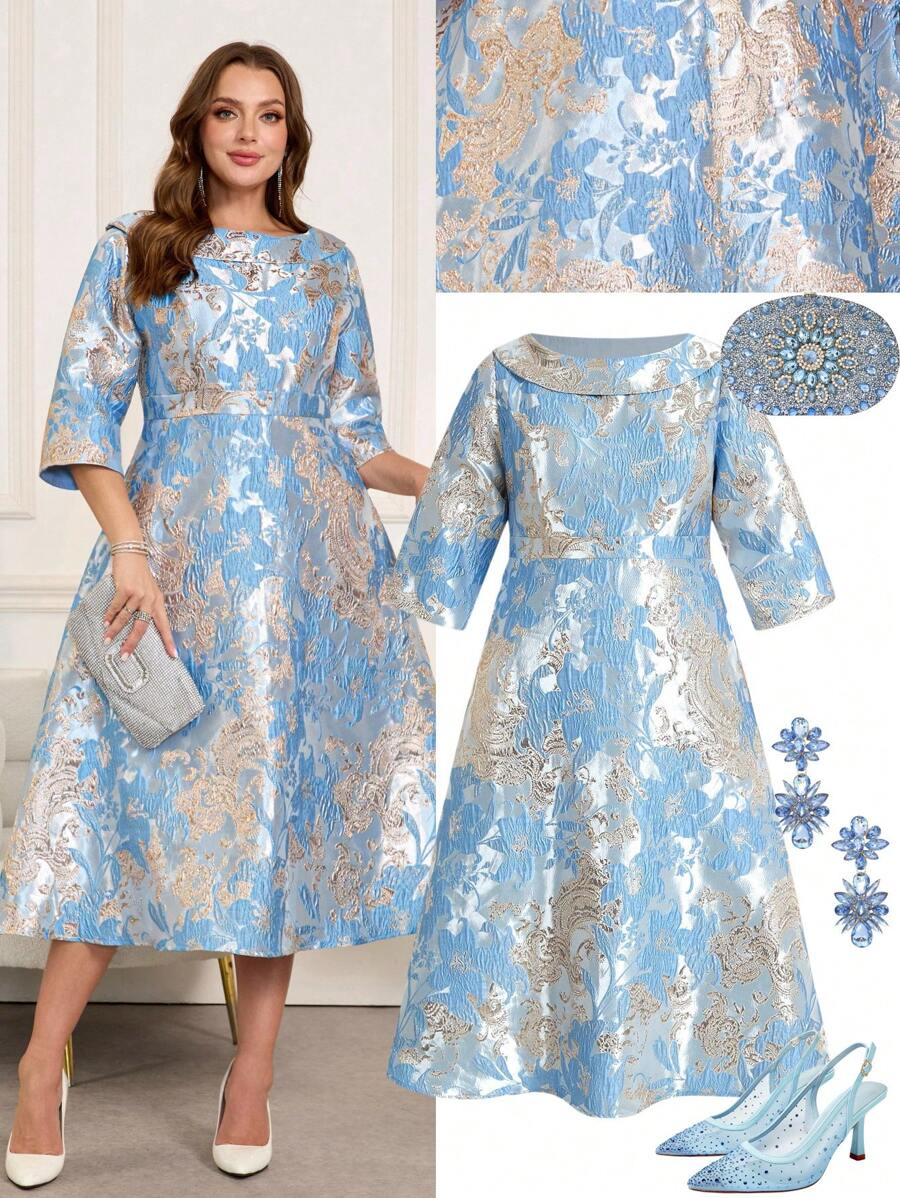 SHEIN Clasi 大码女式优雅提花长袖中长连衣裙，适合派对和郊游，秋冬季女式秋季服装，女式冬季服装，女式秋季连衣裙，万圣节服装，万圣节服装女式万圣节服装，女式约会夜服装，女式夜间外出服装，约会夜服装大码女式服装，女式节日服装，女式连衣裙，女式连衣裙，优雅优雅的 D，婚礼宾客礼服女式