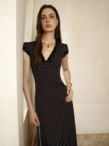 Cévolie 女式休闲时尚修身V领蕾丝花边波点连衣裙