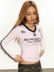 Rina Fox Women's Letter Print V-Neck Contrast Trim Long Sleeve Pullover T-Shirt