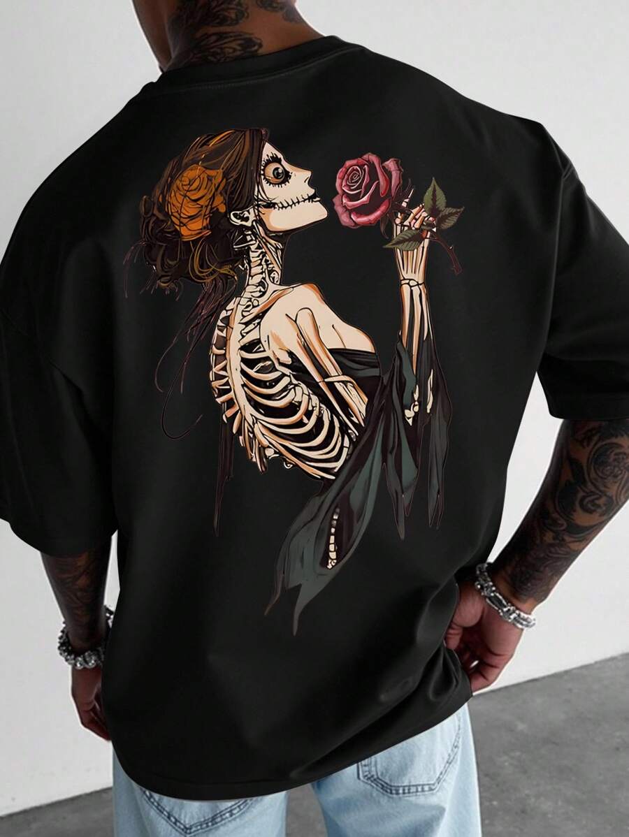 Manfinity LEGND Men's Casual Skull & Rose Graphic Short Sleeve Round Neck T-Shirt, Summer
