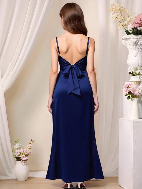 Pitira Tween Girls Partywear Hem Pleated Side Satin Spaghetti Strap Bridesmaid Dress Elegant Formal Evening Prom Wedding Guest Gown, For Graduation, Dinner Party Dress
