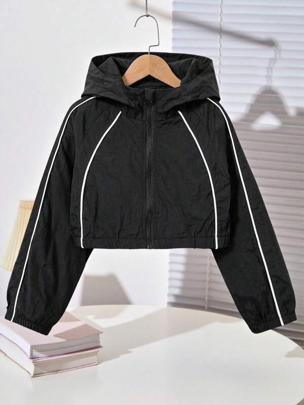 Teen Girl Zip-Up Hooded Jacket With White Stripes, Comfortable Spring/Autumn Bomber Jacket, Suitable For Travel, Daily Wear
