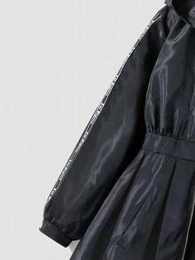 Tween Girl Autumn/Winter Ruffle Hem Hooded Front Short Back Long Sleeve Letter Tape Zip-Up Windbreaker Jacket, Suitable For Daily Commute Fall - Black - View 7