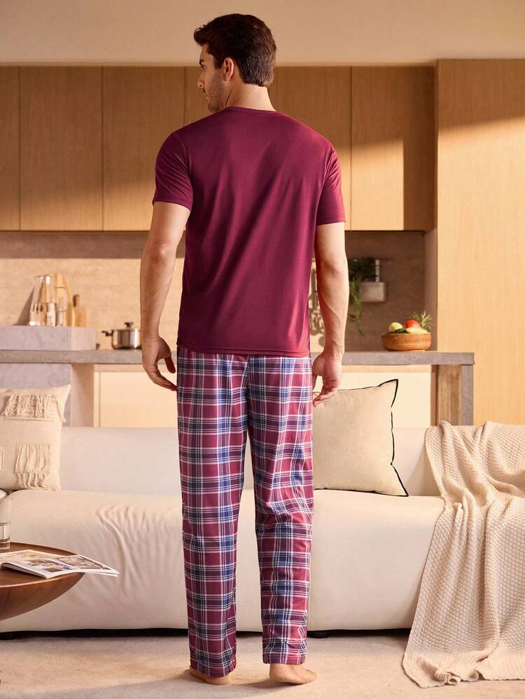Manfinity Underwear&Sleepwear Basics 男士休闲T恤和格子裤睡衣套装 - 酒紅色 - 查看 2