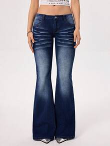 Rivivi Women's Low Waist Stretchy Denim Flare Pants - Dark Wash - View 5