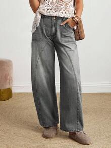 SHEIN PETITE Denim Casuais Folgados e Afunilados Femininos com Bolsos, Versátil