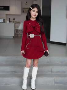2pcs Tween Girl Casual Outfit, Pearl Decor Long Sleeve Top And A-Line Mini Dress, Elegant Outfits For Spring Autumn