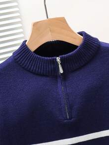 Tween Boy Casual Striped Stand Collar Cardigan Sweater;Boys Winter Clothes;Boys Fall Clothes - Navy Blue - View 3