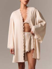 AiiRZ 奢华缎面睡衣套装三件套蕾丝花边文胸短裤睡袍睡衣家居服新娘蜜月内衣睡衣情人节礼物，秋季服装 - 卡其色 - 查看 3