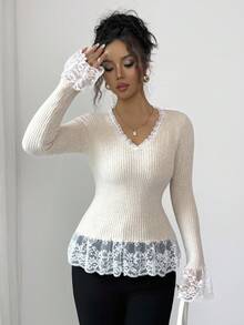 Elenzga Lace Trim Patchwork Knit Sweater, Women V-Neck Slim Fit Base Layer Pullover, Elegant & Sweet, Autumn/Winter Fall Cloth For Women - Khaki - View 5