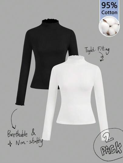 Tseoso 2-częściowy czarno-biały, swobodny, dopasowany T-shirt z długim rękawem i wysokim kołnierzem, odpowiedni na jesień i zimę, 95% bawełny, vintage, Softgirl, do domu, na powrót do szkoły, jesienne ubrania damskie, uniwersalny