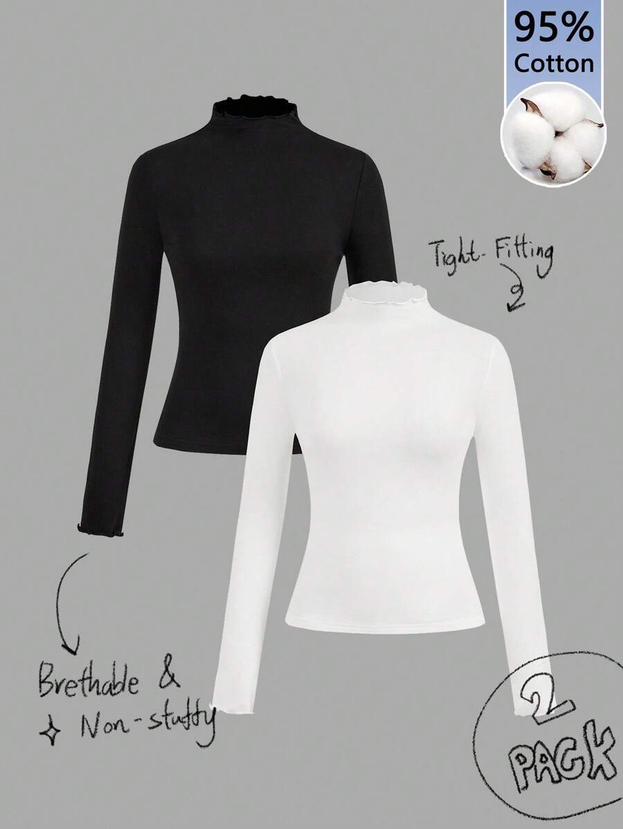 Tseoso 2-częściowy czarno-biały, swobodny, dopasowany T-shirt z długim rękawem i wysokim kołnierzem, odpowiedni na jesień i zimę, 95% bawełny, vintage, Softgirl, do domu, na powrót do szkoły, jesienne ubrania damskie, uniwersalny