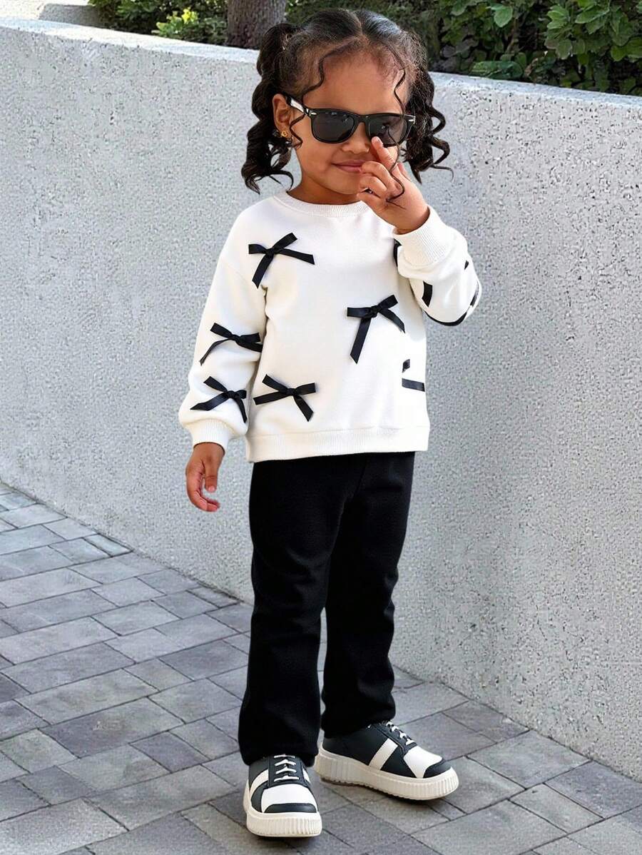 Baby Girl Cute & Cozy Elegant Bow Round Neck Sweatshirt And Long Pants Set - Black and White - View 1