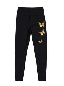 SHEIN Teen Girls' Butterfly Print Knit Leggings, Suitable For Spring, Summer, Autumn - Black - View 4