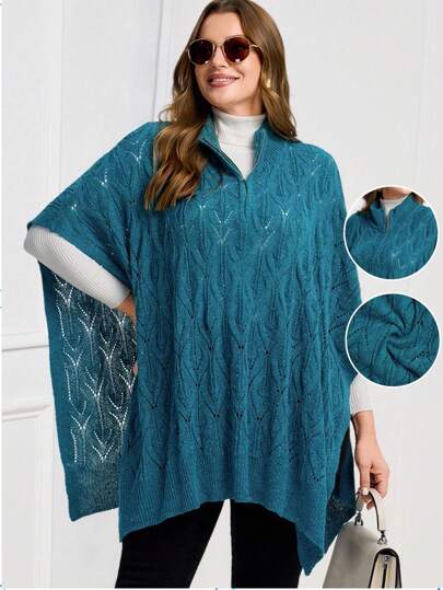 EMERY ROSE Plus Size Women Blue Crew Neck Pullover Sweater With Zipper Detail Shoulder Cape, Autumn/Winter,Fall Women,Simple And Fashionable For Everyday Wear,Going Out